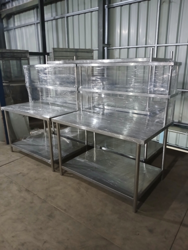 meja kerja stainless steel dengan rak susun